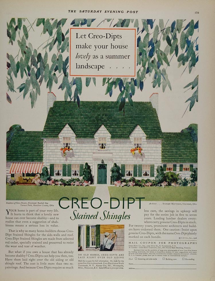 1928 Ad for Creo-Dipt Shingles on Eppa Rixey